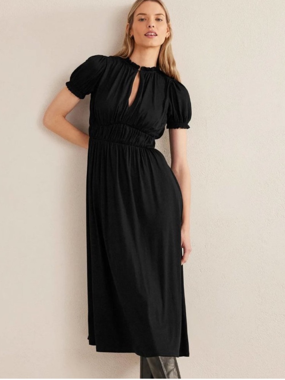 NWT Boden ruched jersey Midi Tea Dress Black Size 10